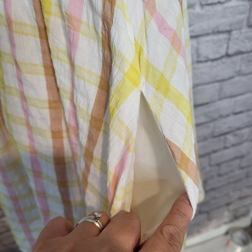 Mable Dress Babydoll White Pastel Plaid Square Neck Puff Sleeves Tie Back Size M - Picture 4 of 9